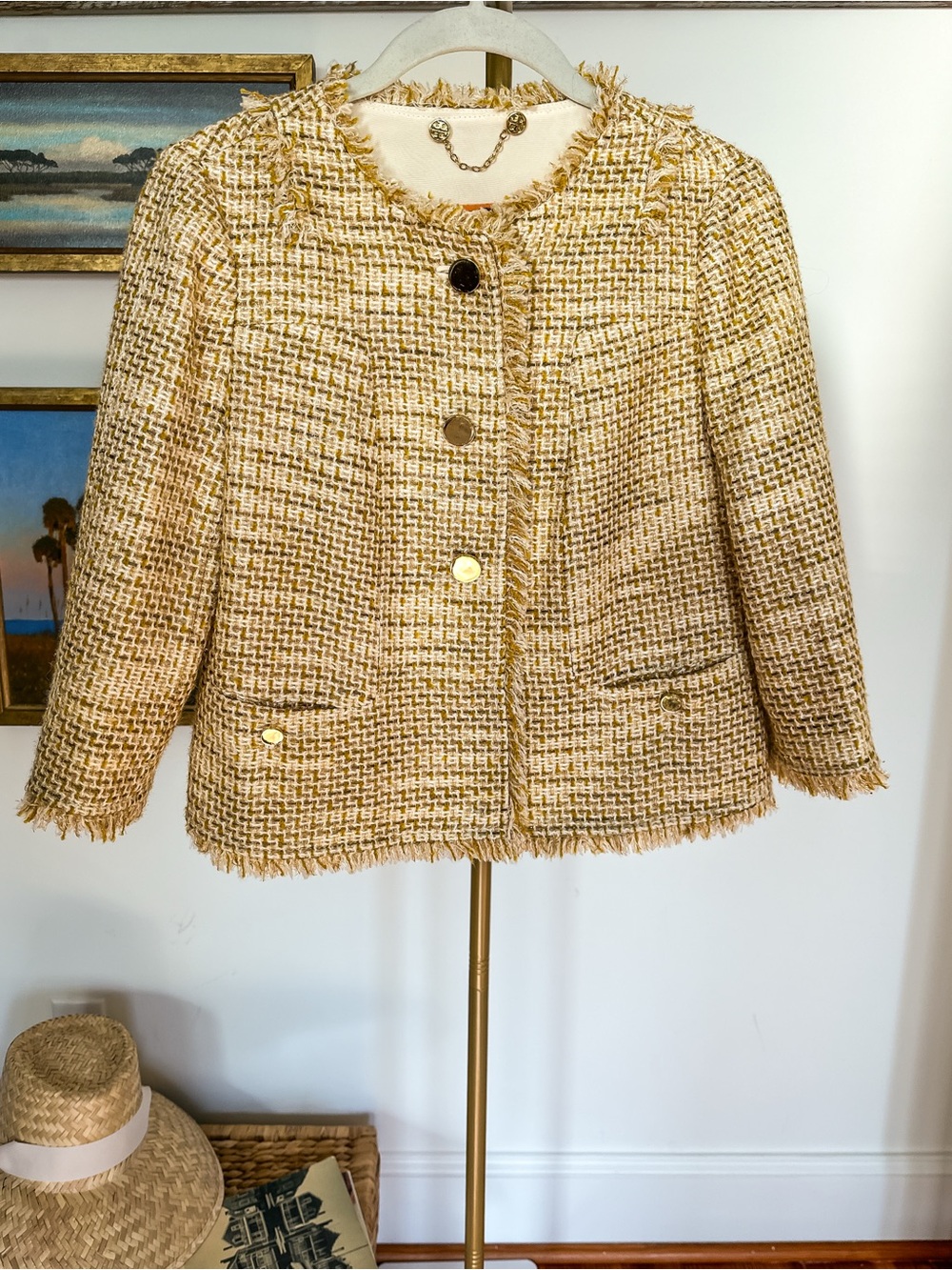 Tory Burch Tweed Boucle Cropped Jacket Ivory Gold Fringe Trim Size 2 NWOT